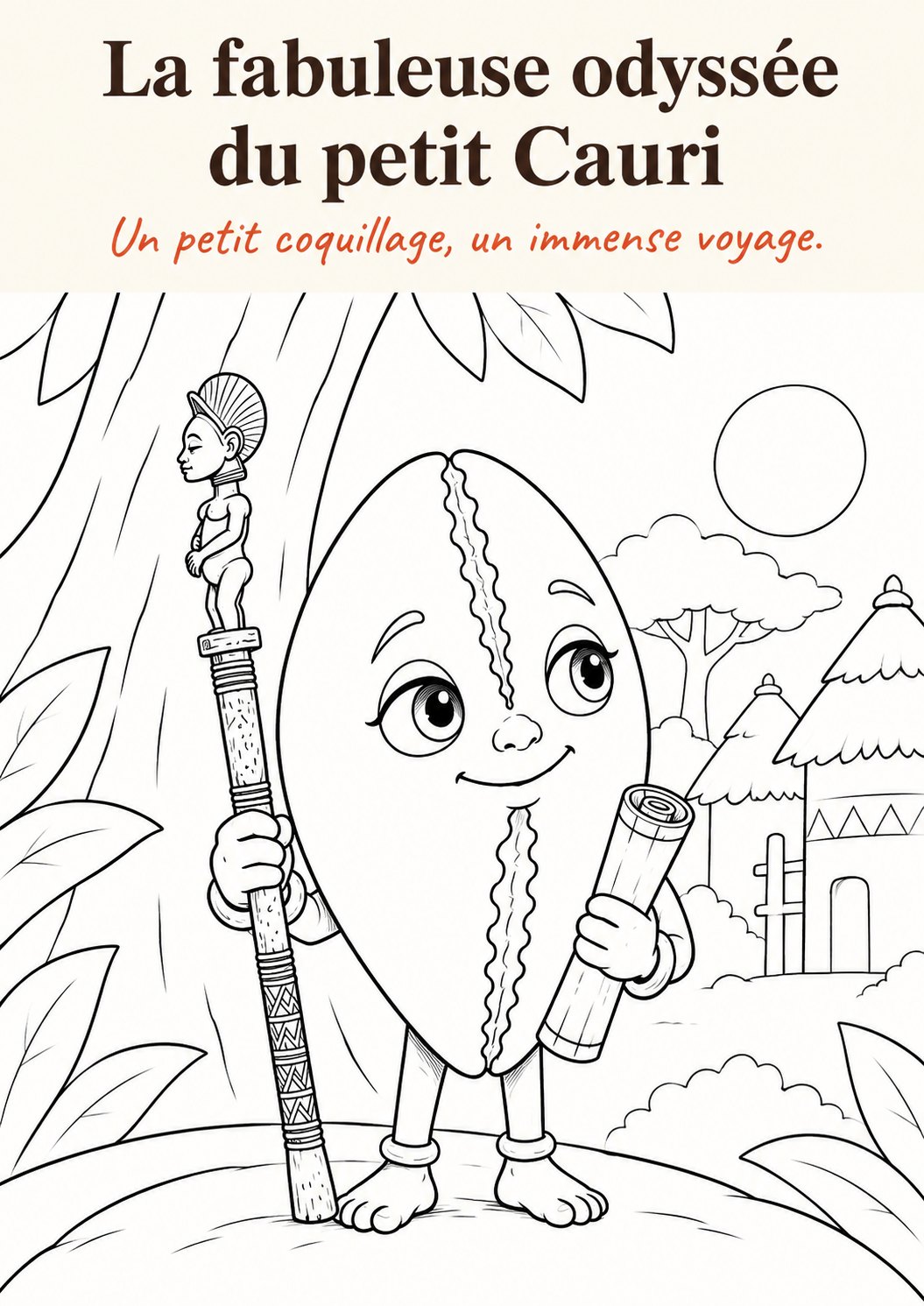 Page à colorier de Cauri le Sage, coquillage souriant au bâton de griot et au parchemin, devant un village africain au pied d'un grand arbre